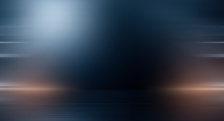 Modern minimalistic, futuristic studio background. Dark background with lines and spotlights, neon light, night view. Abstract blue background. Empty stage.