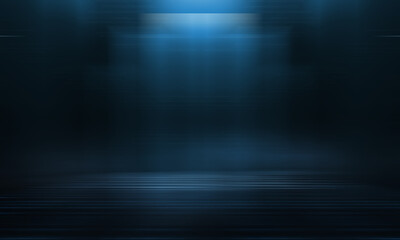 Modern minimalistic, futuristic studio background. Dark background with lines and spotlights, neon light, night view. Abstract blue background. Empty stage.