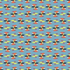 Vector seamless pattern texture background with geometric shapes, colored in blue, orange, red, black, yellow, white colors.