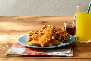waffles with chicken tenders and maple syrup