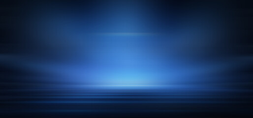 Modern minimalistic, futuristic studio background. Dark background with lines and spotlights, neon light, night view. Abstract blue background. Empty stage.