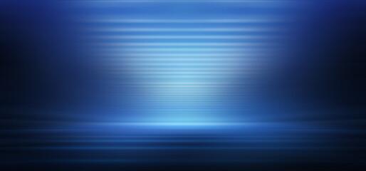 Modern minimalistic, futuristic studio background. Dark background with lines and spotlights, neon light, night view. Abstract blue background. Empty stage.