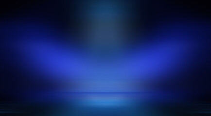 Modern minimalistic, futuristic studio background. Dark background with lines and spotlights, neon light, night view. Abstract blue background. Empty stage.