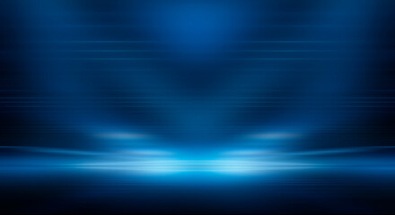 Modern minimalistic, futuristic studio background. Dark background with lines and spotlights, neon light, night view. Abstract blue background. Empty stage.