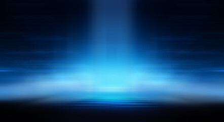 Modern minimalistic, futuristic studio background. Dark background with lines and spotlights, neon light, night view. Abstract blue background. Empty stage.