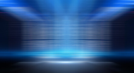 Modern minimalistic, futuristic studio background. Dark background with lines and spotlights, neon light, night view. Abstract blue background. Empty stage.