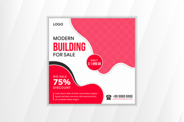 modern building promotion social media banner with square layout. red and black of liquid element with white and shadow border. transparency dot pattern in white background. 