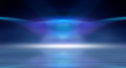 Modern minimalistic, futuristic studio background. Dark background with lines and spotlights, neon light, night view. Abstract blue background. Empty stage.