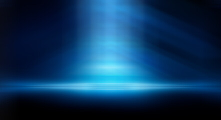 Modern minimalistic, futuristic studio background. Dark background with lines and spotlights, neon light, night view. Abstract blue background. Empty stage.