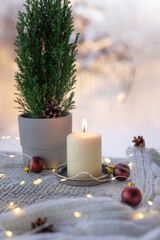 Still life with a burning candle, potted Christmas tree and Christmas decor against winter window. Holiday decoration. Vertical image.