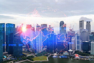 World planet Earth map hologram over panorama city view of Singapore, Asia. The concept of international connections and business. Multi Exposure.