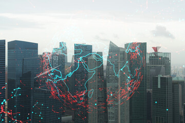 World planet Earth map hologram over panorama city view of Singapore, Asia. The concept of international connections and business. Multi Exposure.