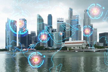 World planet Earth map hologram over panorama city view of Singapore, Asia. The concept of international connections and business. Multi Exposure.