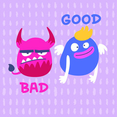 Vector illustration with good and bad monsters for postcard and brochure design