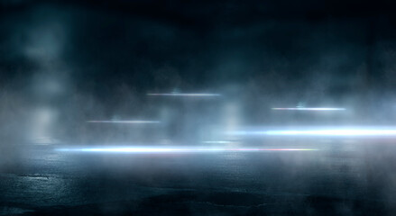 Light effect, blurred background. Wet asphalt, night view of the city, neon reflections on the concrete floor. Night empty stage, studio. Dark abstract background, dark empty street. Night city.