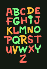 Decorative font for your design. Vector hand drawn alphabet on dark background. Cute cartoon letters.