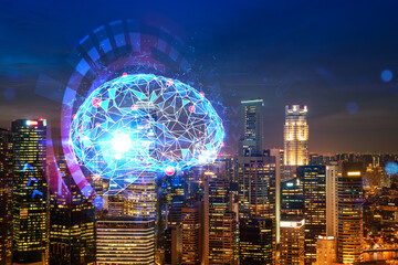 Human brain hologram, aerial panoramic city view of Singapore at night. Educational cluster in Asia. The concept of artificial intelligence. Double exposure.