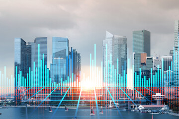 Naklejka na ściany i meble Glowing FOREX graph hologram, aerial panoramic cityscape of Singapore at sunset. Stock and bond trading in Asia. The concept of fund management. Double exposure.