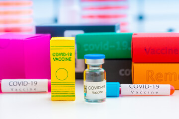 A set of medicines in medical lab for coronavirus NCOV- 19 from PCR test, antibody test, vaccine and remdesivir antiviral drug