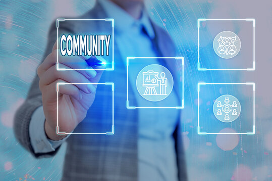 Conceptual hand writing showing Community. Concept meaning group of showing with a common characteristics living together Grids and different icons latest digital technology concept