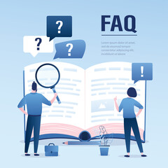 FAQ landing page template. Open guide book or user manual. Business people or employees reads guidance. Finding answers,