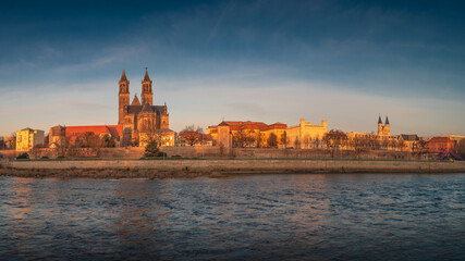 Fototapeta premium Panoramic view over downtown of Magdeburg, old town, Elbe river