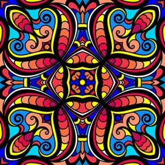 Abstract multicolored ornament, seamless pattern in bright colors, square ornamental decorative tile, stained glass mosaic background