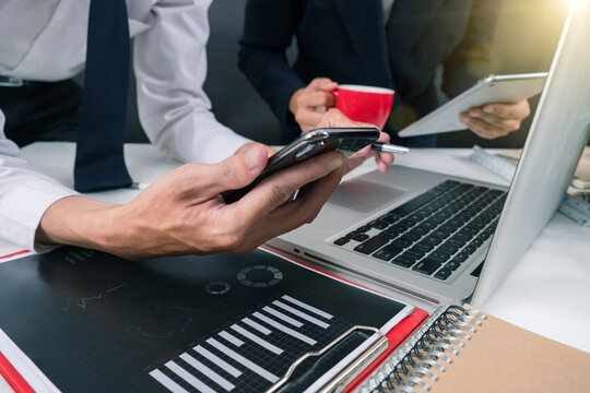 business project teamwork plan  new start-up project, Finance managers meeting, Digital tablet docking screen computer design smartphone using