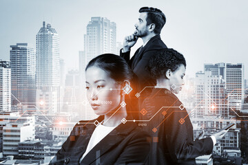 Group of business colleagues working on technology at business process to achieve tremendous growth...
