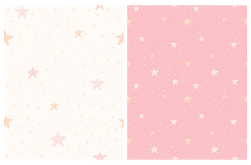 Cute Abstract Starry Sky Vector Patterns Set with Simple Hand Drawn Dots and Stars Isolated on a Pastel Pink and Light Cream Background. Funny Infantile Style Starry and Dotted Print ideal for Fabric.