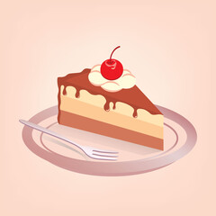 Chocolate cake with cherry, piece of  cake on a plate, space for text, vector illustration.