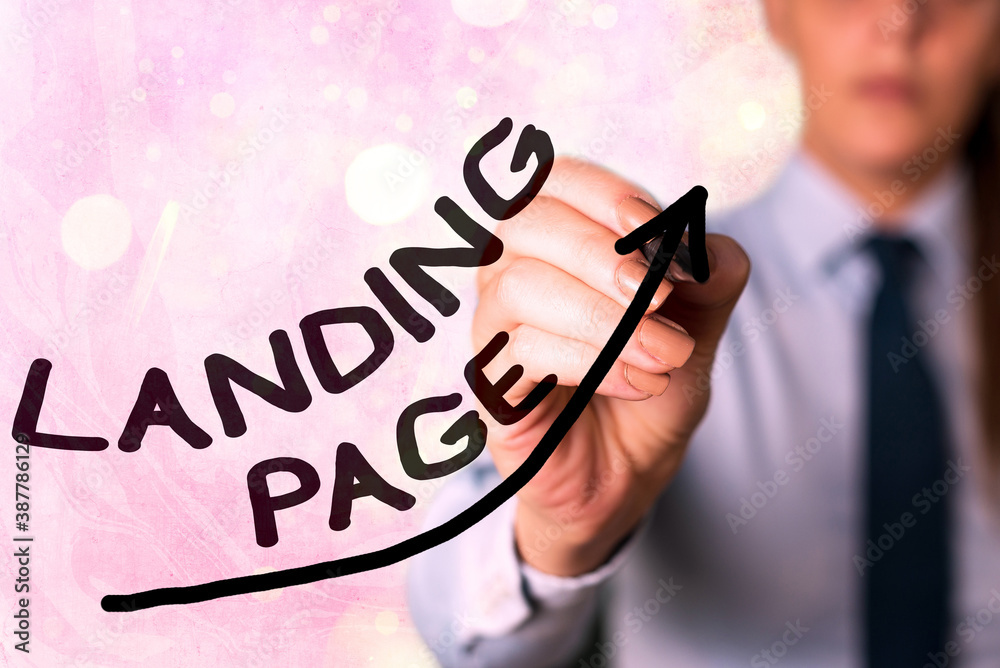 Poster Writing note showing Landing Page. Business concept for Website accessed by clicking a link on another web page Digital arrowhead curve denoting growth development concept