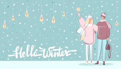Hello winter lettering. Couple of lovers celebrating New Year. Walk under the snow early winter. Vector illustration.