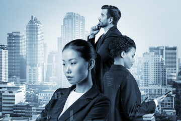 Group of three business colleagues in suits dreaming about new career opportunities after MBA...