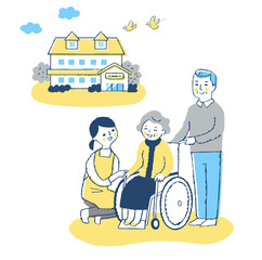 車椅子のシニア女性と介護ヘルパー　施設