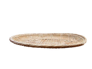 Empty bamboo basket handmade isolated on white background. Natural container for food or fruit with oval shape. Serving tray with clipping path.