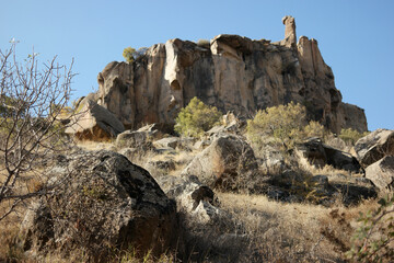 Rocky cliffs of Ihlara valley, Cappadocia. Scenic rocky landscape. Travel to Turkey.