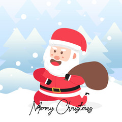 Santa Claus carries a bag of gifts with scene winter landscape.Cute Christmas Character