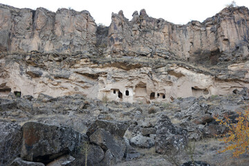 Amazing rocky landscape of Cappadocia, Turkey. Carved caves in Ihlara valley. Unique stone formations.