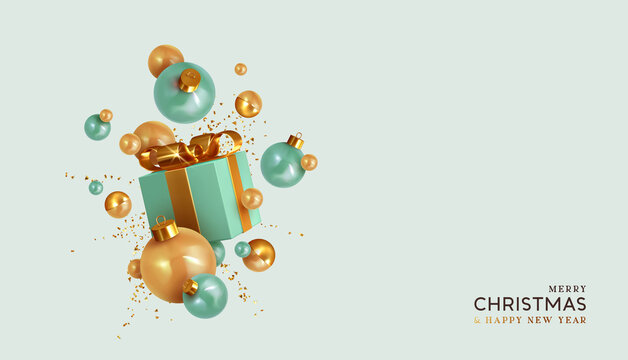 Merry Christmas and Happy New Year. Background with realistic festive gift box. Xmas present. Blue gift boxes with surprise, Golden Christmas baubles, balls, glitter gold confetti. Vector illustration