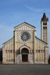 Facade and Bell Tower of the Church of San Zeno in Verona, Italy.