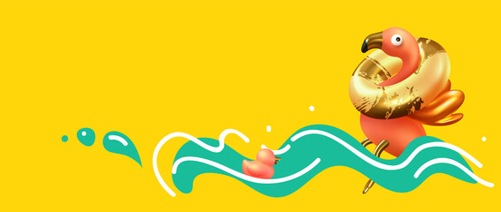 Summer background, sea, Pink flamingo floats on the waves Realistic 3d object and doodle style. Party banner, web poster. Abstract art vector illustration