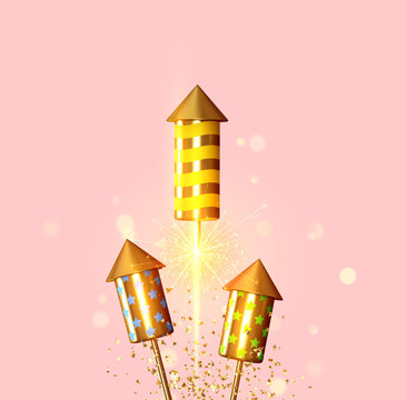 Fireworks set rocket with glitter confetti. Festive light sparkling flash firework. Celebrate Background with firecrackers. Holiday Realistic decoration 3d object. vector illustration