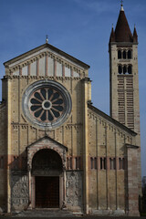 Facade and Bell Tower of the Church of San Zero in Verona, Italy.