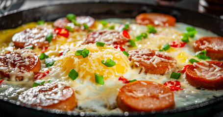 fried eggs with sausage and cheese in a frying pan on wooden table