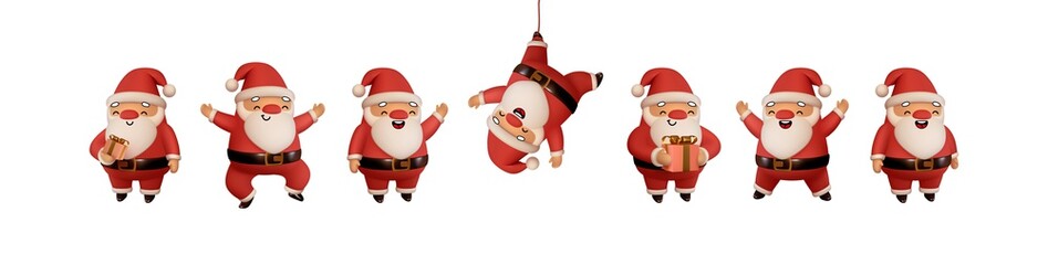 Set of Happy Santa Claus in red clothes. Realistic 3d character compatible doodle emoji elements on face. Collection objects Isolated on white background for Xmas festive design. Vector illustration