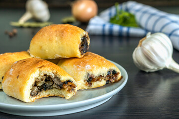 Fresh yeast patties stuffed with buckwheat and forest mushrooms