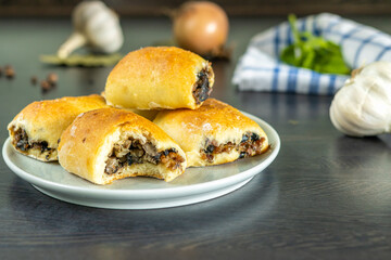 Close-up of a bitten yeast patty with onion, garlic and a towel in the background,selective focus.