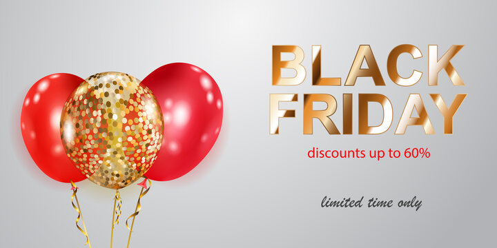 Black Friday sale banner with red and golden balloons on white background. Vector illustration for posters, flyers or cards.