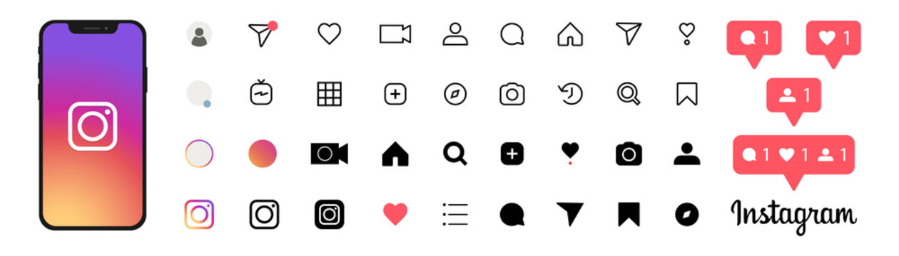 Instagram. Collection of social media icons inspired by Instagram: likes, comments, follows, search, profile, camera, stories, direct message, speech bubbles etc. Kyiv, Ukraine - October 24, 2020